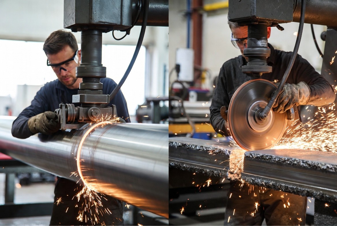 Side by side demonstration of how cutting wheel thickness affects performance and material loss Side by side demonstration of how cutting wheel thickness affects performance and material loss